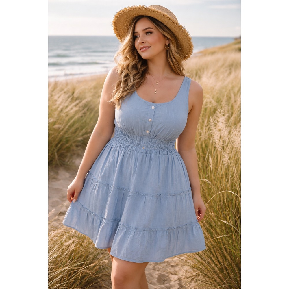 Blue Cottagecore Dress 1X Tiered Smocked Coastal Summer Soft Girl Romantic Beach